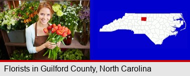 pretty florist holding a bunch of tulips; Guilford County highlighted in red on a map