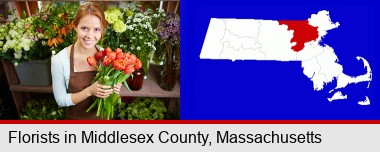 pretty florist holding a bunch of tulips; Middlesex County highlighted in red on a map