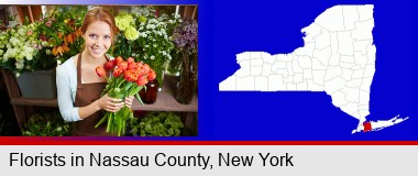 pretty florist holding a bunch of tulips; Nassau County highlighted in red on a map