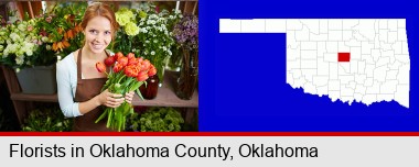pretty florist holding a bunch of tulips; Oklahoma County highlighted in red on a map