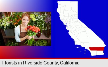 pretty florist holding a bunch of tulips; Riverside County highlighted in red on a map