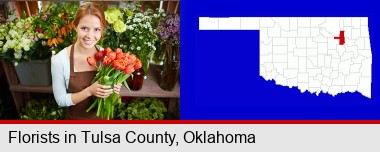 pretty florist holding a bunch of tulips; Tulsa County highlighted in red on a map