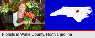 pretty florist holding a bunch of tulips; Wake County highlighted in red on a map