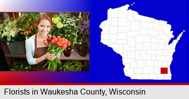 pretty florist holding a bunch of tulips; Waukesha County highlighted in red on a map