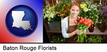 pretty florist holding a bunch of tulips in Baton Rouge, LA