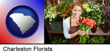 pretty florist holding a bunch of tulips in Charleston, SC