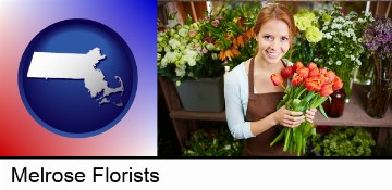 pretty florist holding a bunch of tulips in Melrose, MA