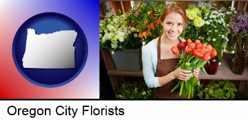 pretty florist holding a bunch of tulips in Oregon City, OR