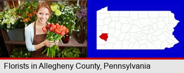 pretty florist holding a bunch of tulips; Allegheny County highlighted in red on a map