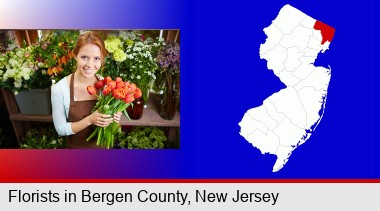 pretty florist holding a bunch of tulips; Bergen County highlighted in red on a map