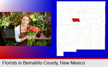 pretty florist holding a bunch of tulips; Bernalillo County highlighted in red on a map
