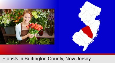 pretty florist holding a bunch of tulips; Burlington County highlighted in red on a map
