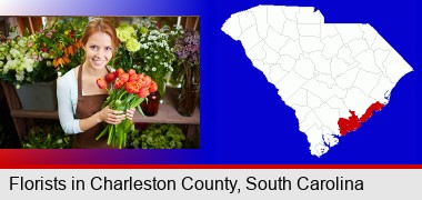 pretty florist holding a bunch of tulips; Charleston County highlighted in red on a map