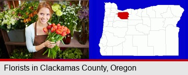 pretty florist holding a bunch of tulips; Clackamas County highlighted in red on a map