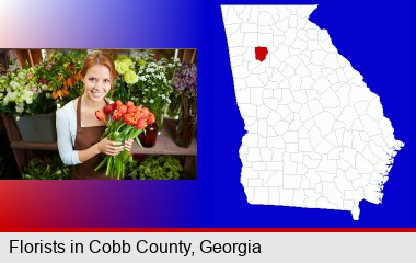 pretty florist holding a bunch of tulips; Cobb County highlighted in red on a map