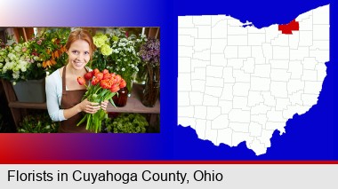 pretty florist holding a bunch of tulips; Cuyahoga County highlighted in red on a map