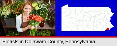 pretty florist holding a bunch of tulips; Delaware County highlighted in red on a map
