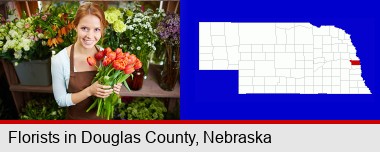 pretty florist holding a bunch of tulips; Douglas County highlighted in red on a map