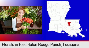 pretty florist holding a bunch of tulips; East Baton Rouge Parish highlighted in red on a map