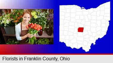 pretty florist holding a bunch of tulips; Franklin County highlighted in red on a map
