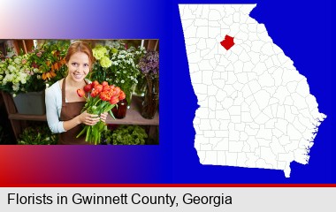 pretty florist holding a bunch of tulips; Gwinnett County highlighted in red on a map