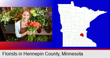 pretty florist holding a bunch of tulips; Hennepin County highlighted in red on a map