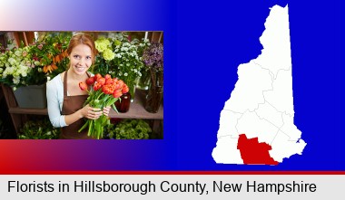 pretty florist holding a bunch of tulips; Hillsborough County highlighted in red on a map