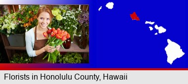 pretty florist holding a bunch of tulips; Honolulu County highlighted in red on a map