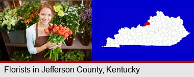 pretty florist holding a bunch of tulips; Jefferson County highlighted in red on a map