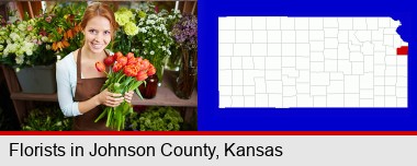 pretty florist holding a bunch of tulips; Johnson County highlighted in red on a map