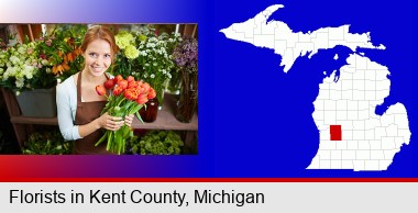pretty florist holding a bunch of tulips; Kent County highlighted in red on a map