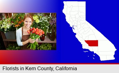 pretty florist holding a bunch of tulips; Kern County highlighted in red on a map