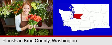 pretty florist holding a bunch of tulips; King County highlighted in red on a map