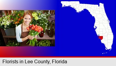 pretty florist holding a bunch of tulips; Lee County highlighted in red on a map
