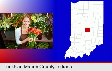 pretty florist holding a bunch of tulips; Marion County highlighted in red on a map