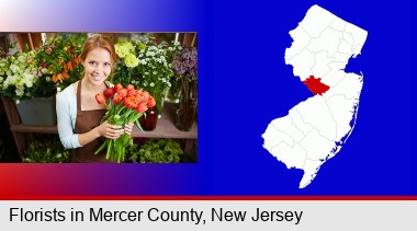 pretty florist holding a bunch of tulips; Mercer County highlighted in red on a map