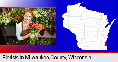 pretty florist holding a bunch of tulips; Milwaukee County highlighted in red on a map