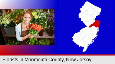 pretty florist holding a bunch of tulips; Monmouth County highlighted in red on a map