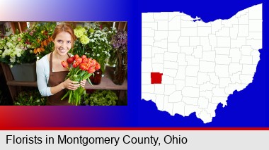 pretty florist holding a bunch of tulips; Montgomery County highlighted in red on a map