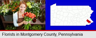 pretty florist holding a bunch of tulips; Montgomery County highlighted in red on a map