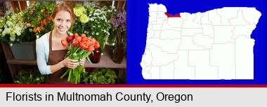 pretty florist holding a bunch of tulips; Multnomah County highlighted in red on a map