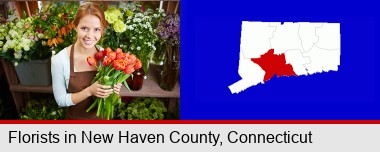 pretty florist holding a bunch of tulips; New Haven County highlighted in red on a map