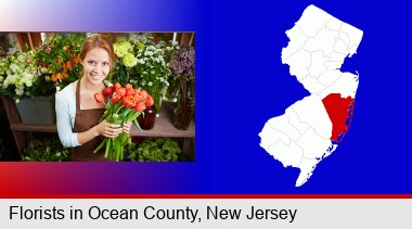 pretty florist holding a bunch of tulips; Ocean County highlighted in red on a map