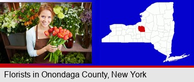pretty florist holding a bunch of tulips; Onondaga County highlighted in red on a map