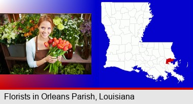 pretty florist holding a bunch of tulips; Orleans Parish highlighted in red on a map