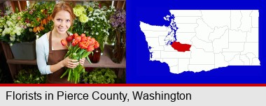 pretty florist holding a bunch of tulips; Pierce County highlighted in red on a map