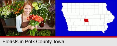 pretty florist holding a bunch of tulips; Polk County highlighted in red on a map