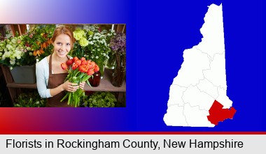 pretty florist holding a bunch of tulips; Rockingham County highlighted in red on a map
