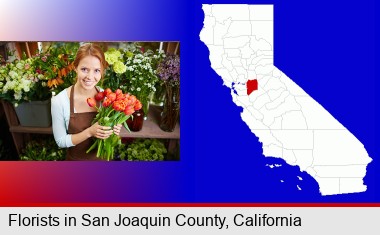 pretty florist holding a bunch of tulips; San Joaquin County highlighted in red on a map