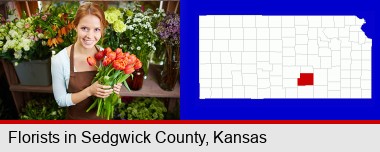 pretty florist holding a bunch of tulips; Sedgwick County highlighted in red on a map